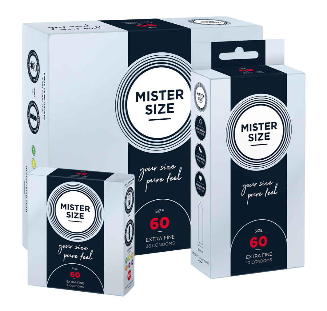 Trei pachete diferite de prezervative Mister Size în mărimea 60